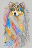 Placeholder: Abstract wet watercolour of a rough collie, ink lines, interlinked circles,detailed focus on eyes
