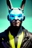 Placeholder: Medium Close Up Portrait, Front image. cyberpunk, rabbit mask, spanish man, white short hair. leather, titanium suit. Yellow, black, red, color. Ghost in the shell style. Color background, photo studio. Avatar image, highly detailed, concept art, smooth, unreal engine 5, god rays, ray tracing, RTX, lumen lighting, ultra detail, volumetric lighting, 3d, finely drawn, high definition, high resolution.