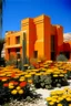 Placeholder: An orange colored desert palace with daisies painted by Piet Mondrian