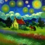 Placeholder: Dibujo al oleo de una pradera con una casa y un caballo con muchas nubes de colores estilo Vincent van Gogh