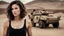 Placeholder: beautiful caucasian female technician, black tank top, well toned muscles, scratched sand camo metal details, short brunette wavy bob haircut, dystopian, desert scene