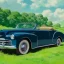 Placeholder: old cabriolet Cadillac front, de côté, metallic blue, in the green countryside with a beautiful blue sky