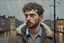 Placeholder: Euan Uglow-Norman Cornish oil painting, Otherworldly, young beautiful a dreaming young in UNStudio-Mvrdv cyberpunk (CITY) lights, сute beard guy, cries suffering looks behind, at the camera at half height, pastel color puffy and wool textures fashion, stormy day rainy, Cinematic lighting, Volumetric lighting, Epic composition, Photorealism, Very high detail, Bokeh blur, Sony Alpha α7, ISO1900, Character design, Unreal Engine, Octane render, HDR, By Simon Stalenhag sci-fi Art