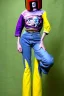 Placeholder: Photograph of a woman. Low waist jeans! bright blue jean, baggy,1996!Huge plant prints on denim,terracotta,cream,purple,lilac. Cream colored latex parts. imperial yellow, red plum stripes, only on the top half of t-shirt. European daft punk woman. Mantle is sewed of recycled Denim and sewed together of recycled polymer felt. lace, Yellow(Munsell) areas. hint of orange as effect color!!Big bright purple/khaki felt tippet and cream or blue or lilac colored-hood. mantle is merged with cobalt bole