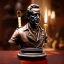 Placeholder: bronze bust of ghostbuster, ancient, magic,on dark wooden piano with drinking glass,compass,brilliance, candle, gold coins strewn,dark gauntlet, movie poster