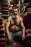 Placeholder: close up photography of a burly beefy strong 44-year-old turk man in Istanbul bazaar, shirtless, selling carpets sitting on a pile of carpets, biig shoulders, manly chest, very hairy, side light, view from the ground