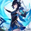 Placeholder: Clear focus,High resolution, Black short fluffy hair, and blue eyes, wearing a Genshin Impact inspired outfit, detailed clothes,must be wearing a short skirt, Splash Art