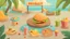 Placeholder: illustration for game. some healthy food and fast food on a large island