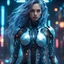 Placeholder: gorgeous girl with in cyberpunk style, high quality, 8K Ultra HD, full body, have a cyber suit, a mesmerizing 20-year-old woman with a futuristic beauty that seems to transcend time and space, intricately woven into her very being, encased in the cybernetic suit, move with fluidity and precision, Her flowing hair resembles streams of neon lights, casting a vibrant glow that adds a touch of cyberpunk brilliance to her appearance, Each strand of hair is meticulously crafted with holographic patter