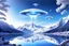 Placeholder: Big metallic UFOS in the sky, solid, white or blue light effects colors, futuristic constructions with nature, white mountains, white trees, waterfall, lake, beautiful universe in the background, high contrast, 8k, high definition, realistic, concept art, sharp focus