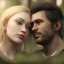 Placeholder: A photo realistic portrait of a beautiful scared blonde girl and a handsome muscular dark haired man in a lovers embrace standing in a forrest