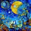 Placeholder: create a poetic dreamlike painting in the style of Marc Chagall, geometric family of father, mother, and baby riding a bicycle through a magical night forest, glowing triangular trees and colorful circles floating like stars, large luminous moon overhead, painterly textures with deep blues and purples, surreal and emotional atmosphere --ar 16:9 --v 7 --style 4b --q 2