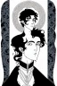 Placeholder: young black haired blue eyed wizard in the style of aubrey beardsley