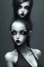 Placeholder: Girl, cute, beautiful, dark shadows, tilted head, black lipstick, grey skin, short black hair