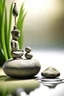 Placeholder: delicate background with spa stones and a bamboo stem, in the background a female curved figure statue sits on the stones, photorealistic photo