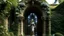 Placeholder: A stone archway with intricate floral patterns and a statue of a woman inside, surrounded by vines