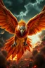 Placeholder: Create a ultra high definition and photorealistic image, 12k quality of a beautiful phoenix, majestic and strength showing, emphasis on texturized claws, upclose with a front view flying towards the camera, centre of an explosive and chaotic background scene of Armageddon where he is followed by demon like dark clouds in persuit trying to grab him, phoenix has striking eyes and determined look, majestic wings folded inwards in flight, bright auburn, black, white, grey and yellow colours, gothic