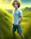 Placeholder: full length photograph of a beautiful 12 year old boy with long, blonde curly hair and light blue eyes, smiling, standing on a green hill in summer, highly detailed, smooth, photorealistic, digital art, HDR