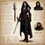 Placeholder: character concept sheet with AD&D statistics and characteristics, [illustration for HELLBOY II the golden army] Sarah Shahi as a medieval thief with a long dagger