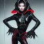 Placeholder: This spider woman is a formidable sight to behold, with the body of a human woman and the head and legs of a spider. She is dressed in a sleek black and red leather suit, with a hood that covers her spider head. Her skin is covered in shimmering black scales, and her eyes glow a bright, otherworldly green. She is fast and agile, able to climb walls and ceilings with ease. She has venomous fangs and sharp claws, and she can spin webs of magical energy to ensnare her enemies. She is intelligent an