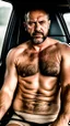 Placeholder: full body shot photography of an Italian sicilian taxi driver burly ugly sitting in the taxi, chubby tired 55 years old driving shirtless, bullneck, thin gold chains, short beard, sweat, short hair, bulge, robust, manly chest, looking down, big shoulders,, photorealistic, side light, ambient occlusion, tired eyes. 35mm lens, internal view inside the Taxi