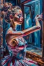 Placeholder: close up realistic portrait oil of a ballerina, stretching next to a mirror, in impasto style, thick strokes of oil paint