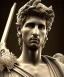 Placeholder: Gran angular, Realistic image, roman sculpture, marble material, Lionel Messi with Laurel wreath model, miguel angel style, God light, god rays, 4k resolution, perfect details, ornate details, soft lighting, unreal engine 5, soft cyan background.