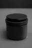 Placeholder: black container, plastic, realism, with screw lid, no labels, round container, view from the front, dark studio setting