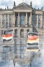 Placeholder: Typical Germany, Reichstag architecture, one small German flag hanging on the facade of the building. There is a street sign at the intersection. People on the street are reflected in a puddle on the asphalt. Watercolor style. 8k quality