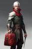 Placeholder: Elven magistrate, 28 years old, with short white hair, carrying a red saddlebag in his hands