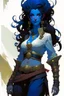 Placeholder: create an adult female air genasi from dungeons and dragons, black medium hair, light blue eyes, blue skin, wavy hair, wearing red leather armor, full body, digital painting, high resolution, forest background, a bit zoomed out