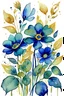 Placeholder: watercolor abstract big BLUE flowers with GREEN golden outlines on white background