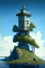 Placeholder: stone three-story tower with an observation room at the top, with a one-story room on one side, on a large grass-covered island, in a lake, surrounded by trees, with a blue sky