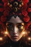 Placeholder: black and red and gold theme, close-up bioluminescent sparkling face of a woman surrounded by gold sparkles and black flowers, shining white face, expressive and mysterious, universe in eyes, eyes pointed upwards, in a mysterious dark landscape, detailed matte painting, fantastical, intricate detail, splash screen, colorful, fantasy concept art, 8k resolution, Unreal Engine 5, centered, high contrast sharp focus, black and red theme, glossed and polished