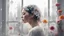 Placeholder: white background, Double exposure, woman, city, window, room, flowers, tears, detailed, fine rendering, high detail, high resolution, 8K,