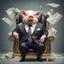 Placeholder: rich pig in suit on a throne making stacks of money by making a deal with a buisnessman