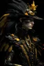 Placeholder: beautiful blackcrow rococo punk decadent portrait adorned with filigree gold patinated feathers dust textured vantablack leather filigree Crow bird h ornate hat headdress wearing rococo punk gold and yellow copper colour gradient goth black white steel chain lace ribbed leather jacket embossed rococo florals, white opal black onix stone pearls ornated jacket dress organic bio spinal ribbed detail of rococo punk style decadent background extremely detailed hyperrealistic gothica filigree portrrai