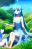 Placeholder: Female sea elf on a picnic with her animal friends,blue hair, blue skin, highly detailed, art by studio ghibli, laughing, nature, Grove, oasis