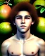 Placeholder: beautiful 12 year old arabic boy with long, curly hair and light blue eyes, smiling, shirtless, in front of a distant mango tree