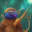 Placeholder: Digital art of a Big Wise turtle with sunglasses holding a wooden rod, background galaxy