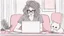 Placeholder: home office fashion, in a cozy living room a woman sitting on a sofa open laptop in front of her she is working, she wearing a loose gray T-shirt with holes and stains in a few places and "text":"I hate humanity!" she is big messy hair and glasses top of her head. wearing pink pajama pants with a cute cat head pattern her home fashion, surrounded notes, paper, calendar, crumpled paper, on table front her coffee mugs, mineral water, books, the room is a mess, very detailed, anime style, cartoon