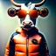 Placeholder: Cow toddler, smile, steampunk headphone, sunglass, gangsta neckless, full body, orange puffer jacket, tokio background, dramatic lighting, hyper realistic, unreal engine 5, 16k