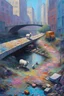 Placeholder: painting of a cyberpunk colourful natural walkway rubbish on the street in the city with pollution and a small bridge by a creek with electric sheep and androids by monet