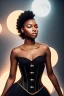 Placeholder: A portrait of a beautiful youthful black woman, wearing a black corset, long black hair, wizard, magical, ethereal, Warm bright lighting. Ultra quality 8k.