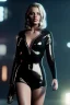 Placeholder: Margot Robbie dressed in shiny black leather, blade runner, busty, cleavage, volumetric lighting, particales,highly detailed,cinematic, deep colours,8