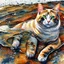 Placeholder: Golden ratio, ultra detailed watercolor painting, wet on wet painting, soft edges beautiful (((Masterpiece))) Create an image of a calico cat partially submerged in water, with its face and upper neck visible just above the surface. The cat has distinct patches of orange, black, and white fur, giving it a vibrant and colorful appearance. Its eyes are large and expressive, with a bright green hue that reflects the light filtering through the water. The background is a rich und