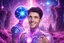 Placeholder: cosmic bionic beautiful men, smiling, with light blue eyes and straight blu dark hair in a magic extraterrestrial landscape with pink fairy forest stars and bright beam