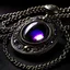 Placeholder: An amulet set with purple gems. The amulet is tied with a steel chain. You have to see the whole chain The amulet has a gloomy appearance. Whole figure. Comic-book style.