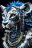 Placeholder: Beautifull white african tribal lion headdresses shaman technoreaism t young african animal portrait, adorned with techno robotics african tribal headdress wearing technorobotics black steal chain effected african tribal beads and flowers metallic multichrome lace effected masque wearing azurite blue and black onix mineral stone voidcore robotics dress jacket organic bio spinal ribbed detail of multichrome robotics bokeh cityscape rainy background extremely detailed hyperrealistic concept portra