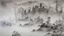 Placeholder: a black and white Chinese ink-painting of a nightly landscape in thick fog with pine trees in the background